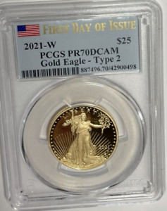 2021-W Proof $25 Type 2 American Gold Eagle 1/2 oz PCGS PF70DCAM FDOI POP 156