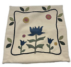 Wool Applique Pillow Cover Flowers Beaded Tan 17x17 Hand Made Velvet Back Zip #2