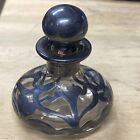Art Nouveau Antique Perfume Bottle  w/ Stopper Sterling Overlay Clear Glass