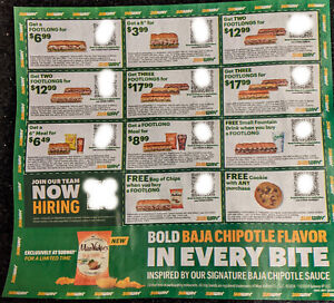 New 14 Subway Coupons 1 Sheets Expire 5 9 24  Save on Food! 5/9/2024