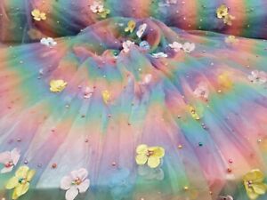 Rainbow Lace 3d Floral Flowers Beaded Lace Multicolor Pearls On Mesh Dress Drapi