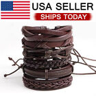 6PCS Braided Leather Brown Bracelet For Cuff Wrap Wristband Men Women Gift
