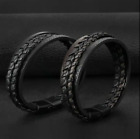 Men Jewelry Black Braided Leather Bracelet Multi-Layer Stainless Steel Clasp A