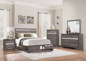 GLITTERY 4 PC GREY FAUX LEATHER QUEEN STORAGE BED DRESSER BEDROOM FURNITURE SET