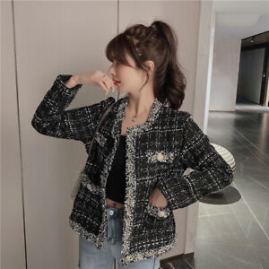 Womens Short Jacket Korean Fashion French Loose Tweed Temperament Top Female