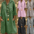 Women's Summer Cotton Linen Tunic Midi Dress Ladies Casual Loose Pocket Dresses‹