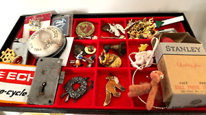 Vintage Junk Drawer Lot Salt and Pepper Lighter Patch Pin Jewelry Smalls