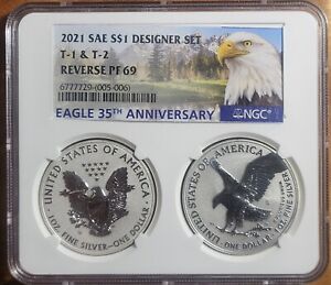 2021 S W REVERSE PROOF SILVER EAGLE 2 COIN DESIGNER SET T1 & T2 NGC PF 69 #