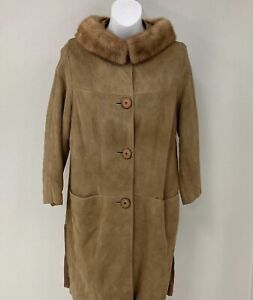 VNT 50s 60s Long Suede Leather Jacket Mink Fur Collar Swing Coat Tan Med Silk