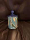 New ListingVTG ?ARTESA CATTAIL Canister Turquoise Yellow Hand Painted ECUADOR   8” W Top