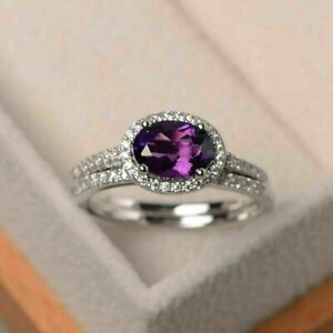 3Ct Purple Amethyst Lab-Created Bridal Set Engagement Ring 14k White Gold Finish