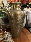 Vintage Solid Brass Vase India Made Etched Floral Design Gold Ornate 14” Tall