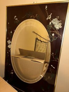 Reverse HAND-PAINTED Large Japanese Red FLORAL BIRD Mirror 38”x24”