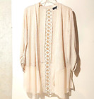 August Silk XL Romantic Beige Open Cardigan Knit Cover Up Lace Sheer 3/4 Sleeve