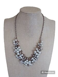 Vintage Faux Pearl Rhinestone Faceted Glass Teardrop Beaded Cluster Necklace