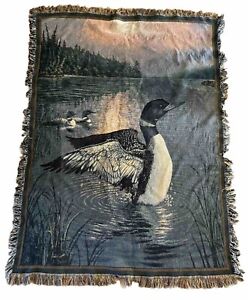 VTG 64x48in Woven Tapestry Throw Blanket - Common Loon on Lake Nature Scene
