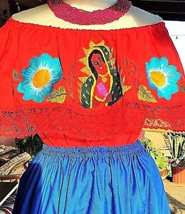 Virgen de Guadalupe Blue/Red 2 piece Dress Top & Skirt Hand Embroidered Mexico