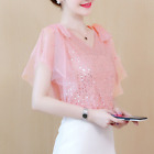 Korean Chiffon Sequin Beads Bow Summer Party V-Neck T-Shirt Tops Blouse Womens