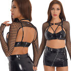 Womens Hollow Out Fishnet Crop Top See-through Long Sleeve Cover Up Mesh T-shirt