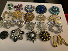 Huge Lot of 20 Rhinestone Jewelry Brooches Gold Silver Tone