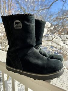 SOREL Glacy Size 7.5 Mid Calf Black Suede Waterproof Winter Boots Womens