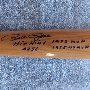 PETE ROSE AUTOGRAPHED BAT WITH MVP STATS AND TOTAL HITS STAT, REGGIE JACKSON COA