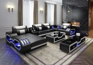 Modern Living Room Sofa Set Genuine Leather Sofas with USB Music Speaker