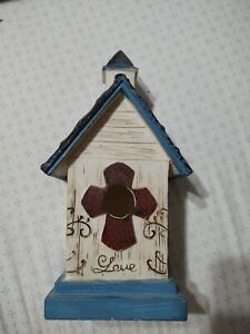 Plastic Birdhouse Blue Steeple Cross Love 10.5
