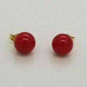 Red Coral Round Ball Stud Earrings 14K Yellow  Gold Filled