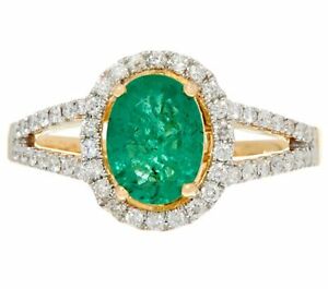 QVC Solid 14K Yellow Gold With 0.90cttw Precious Emerald & Diamond Ring Size 9