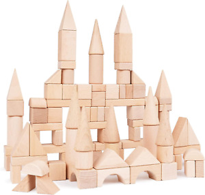 GenJuw 100Pcs Wooden Building Blocks Set- Wood Stacker Stacking Blocks Game Toys