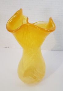 New ListingHandblown Rare Yellow & White Color Glass Vase-Ruffle Rim 7.5