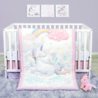 New Baby GIRL UNICORN RAINBOW STARS HEART PINK PURPLE AQUA 4pc Crib Bedding Set