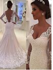 Long Sleeves V-neck Court Train Lace Wedding DressesColorWhiteSizeUS12-AU/UK16-E
