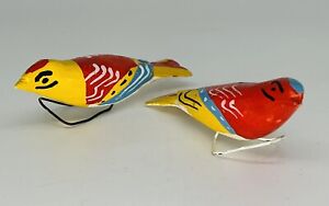 Pair Of Vintage Hand Painted Wooden Folk Art Bird Ornaments Clip On
