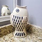 Large Ceramic Open Mouth Fish Vase Coastal Beach Decor Pottery Cream & Blue 12