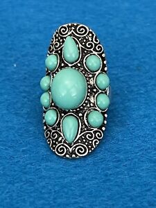 Native American Style Silvertone Ring With Large Faux Turquoise