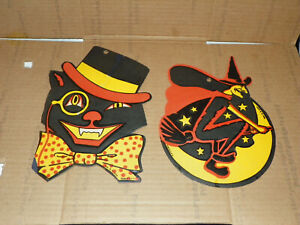 Lot of 2 Vintage H.E. Luhrs Halloween Diecuts Black Cat with Tophat & Witch