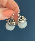 Nat White Jade Koi Fish Carp Dangle Earrings Chinese Style Thai Silver Jewelry