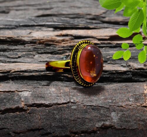 Shine Baltic Amber 18k Gold Plated Sterling Silver Handmade Ring All Size