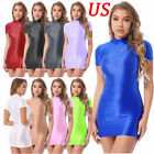 US Womens Glossy Short Sleeve Bodycon Dress Women Mock Neck Mini Dress Clubwear