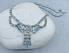 Vintage Blue Topaz Crystal Round & Emerald Cut Rhinestone Silver Necklace 1950's