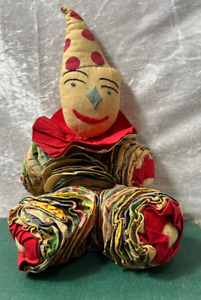 Antique Handmade Floppy Clown Vintage Fabric Stitched Face Plush Toy