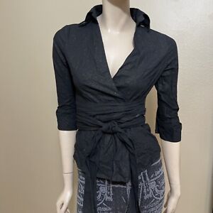 Women’s Black Glitter Cotton Casual Button Tie Belt Collared Size M Top Blouse