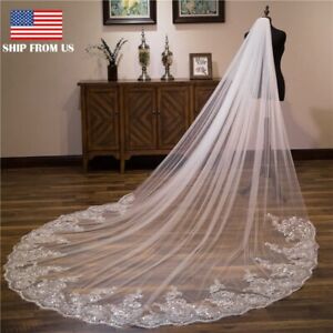 10Ft Long White Wedding Bridal Veils with Embroidery Lace Edge Bride Supplies US