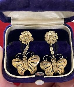 Victorian Antique Filigree 14kt Solid Gold Figural Butterfly Earrings Dangle