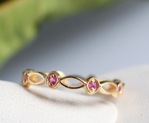 Solid 14k Yellow Gold Pink Sapphire Gemstone Eternity Band Ring Fine Jewelry US7