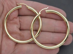 Real 14K Solid Yellow Gold 50mm x 4mm Big Large shiny Hoop Earrings 5.0gr