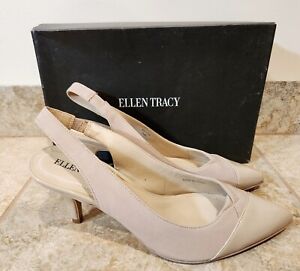 Ellen Tracy | Banyan Beige Leather Patent Toe Heels Shoes Size 7.5 M | CUTE! 💖