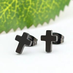 Black Small Cross Ear Stud Earrings Christian Jewelry Surgical Steel Men Women